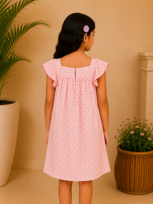 Girls Pink Embroidered Flutter Sleeve Dress