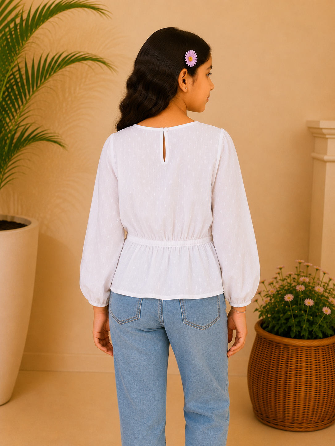 Girls White Embroidered Casual Top