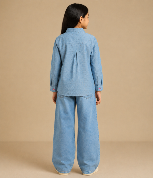 Girls Blue Embroidered Collared Casual Top
