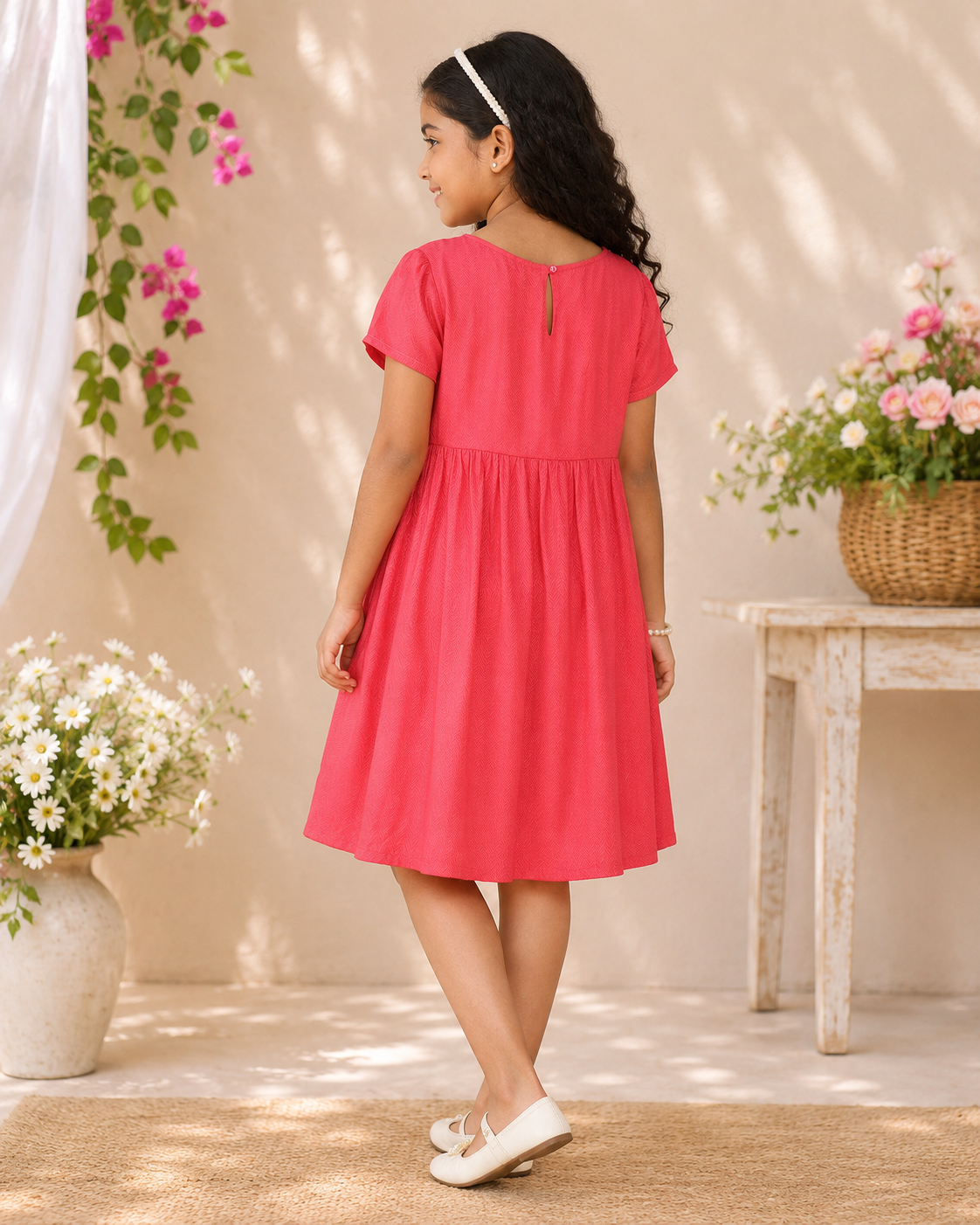 Girls Dark Pink Embroidered Gathered Dress