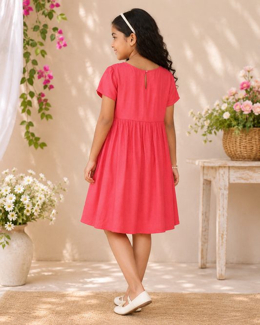 Girls Dark Pink Embroidered Gathered Dress