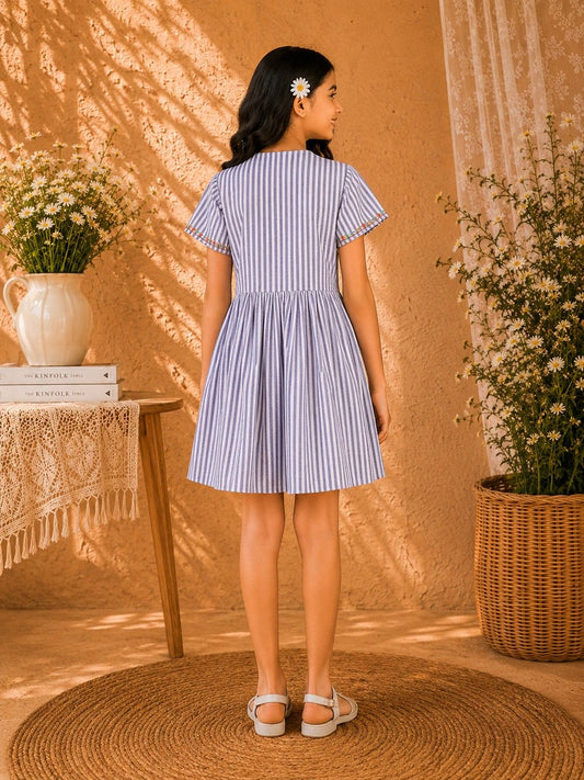 Girls Striped Embroidered Dress