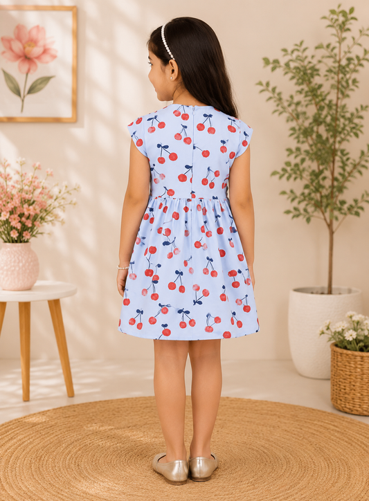 Girls Cherry Print Collar Neck Dress