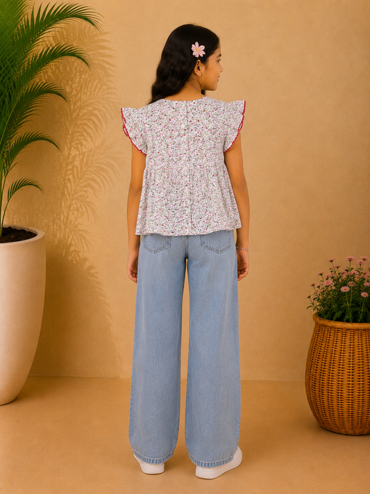 Girls Floral Flutter Sleeve Top