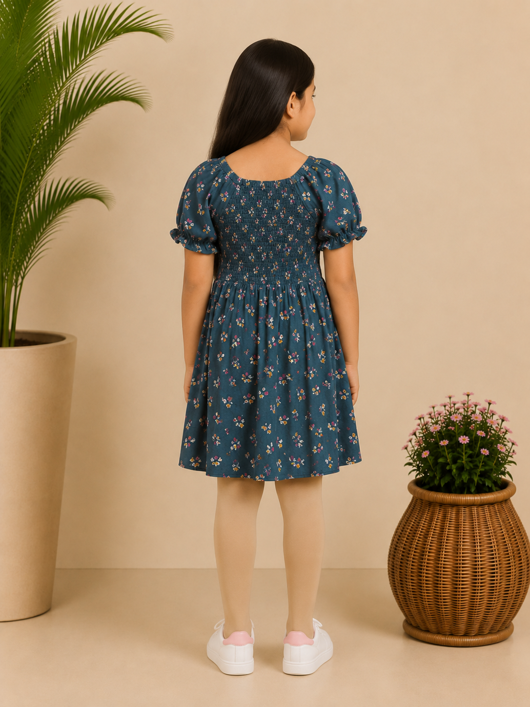 Girls Blue Smocked Floral Dress