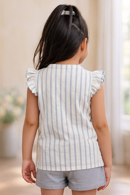 Girls Striped Sleeveless Frill Casual Top