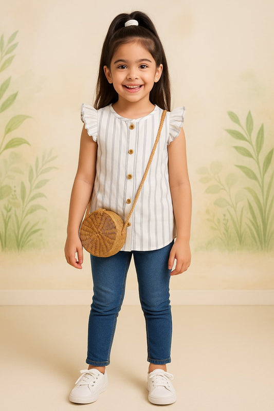 Girls Striped Sleeveless Frill Casual Top