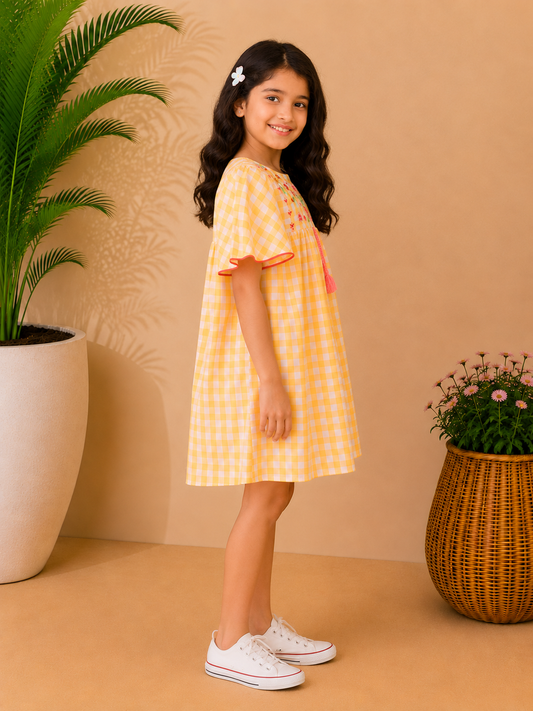 Girls Yellow Checked Embroidered Dress