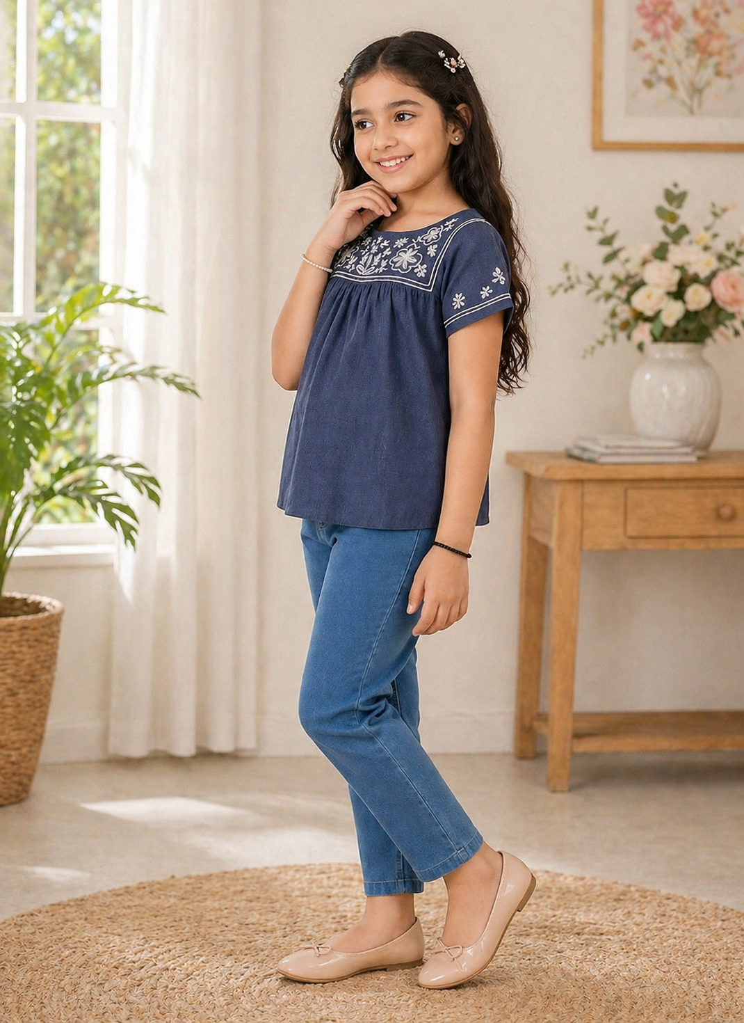 Girls Denim Look Embroidered Top