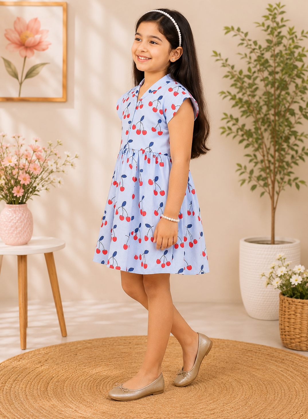 Girls Cherry Print Collar Neck Dress
