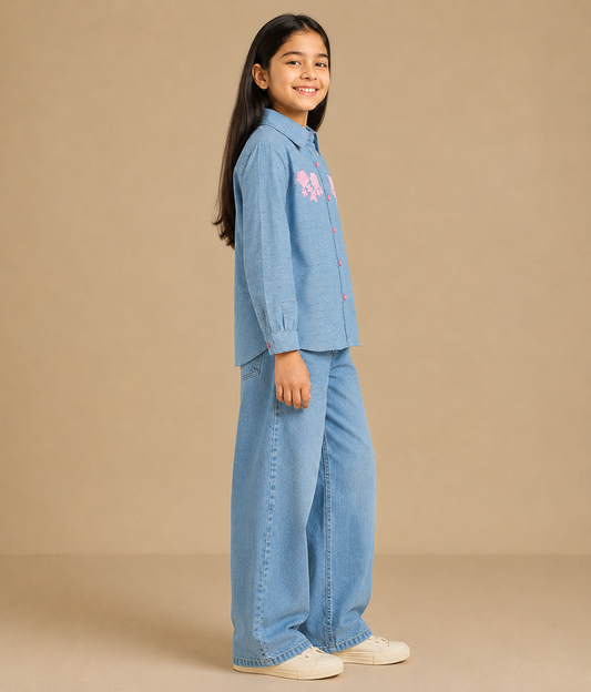 Girls Blue Embroidered Collared Casual Top