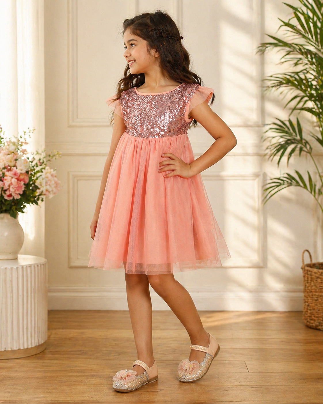 Girls Peach Layered Net Dress