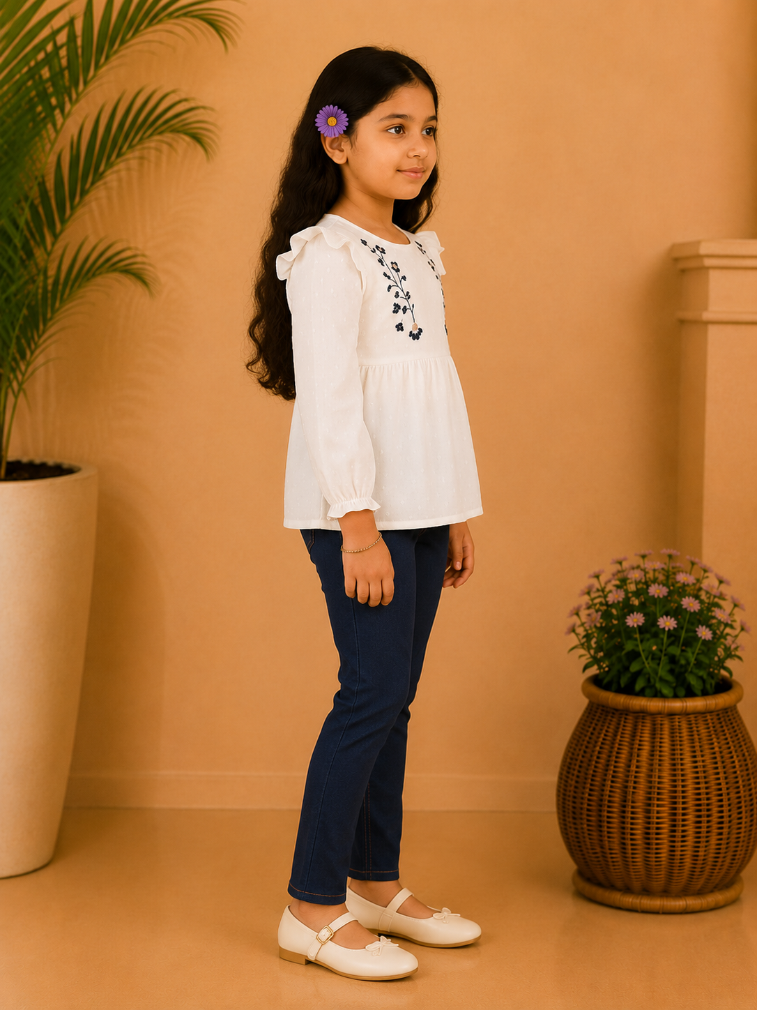 Girls White Embroidered Full Sleeve Top