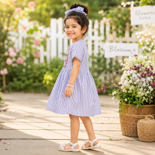 Girls Striped Embroidered Dress
