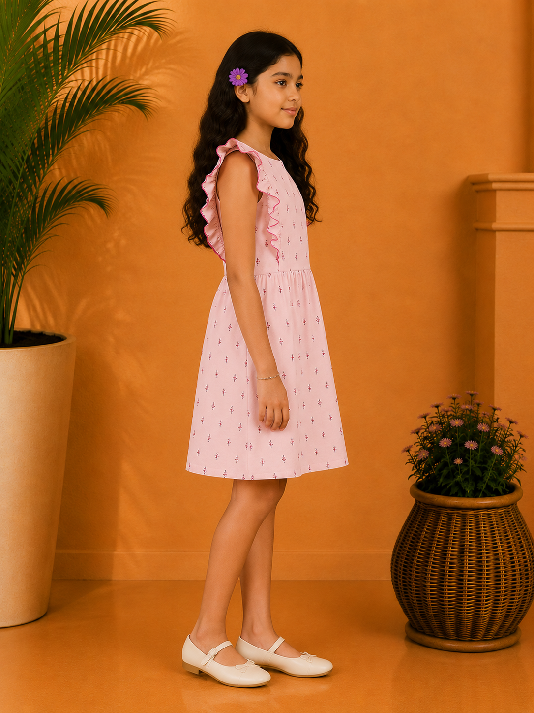 Girls Printed Ruffle Sleeve Dress