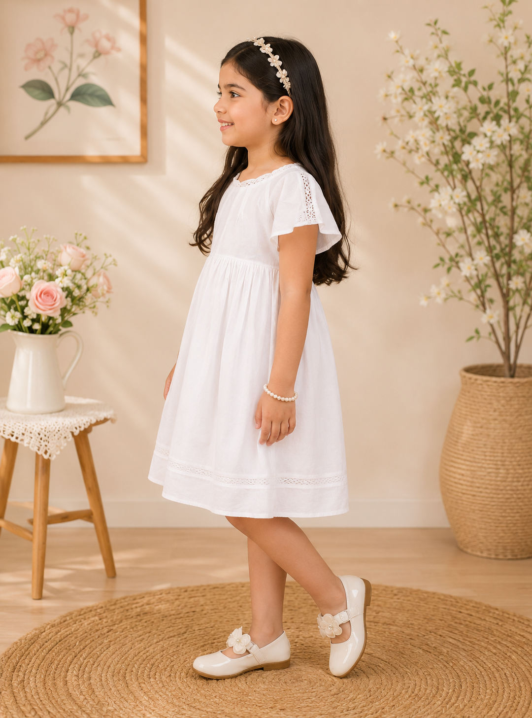 Girls White Solid Fit & Flare Dress with Lace Detail
