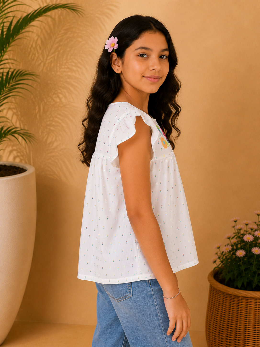 Girls Floral Embroidered Flutter Sleeve Top