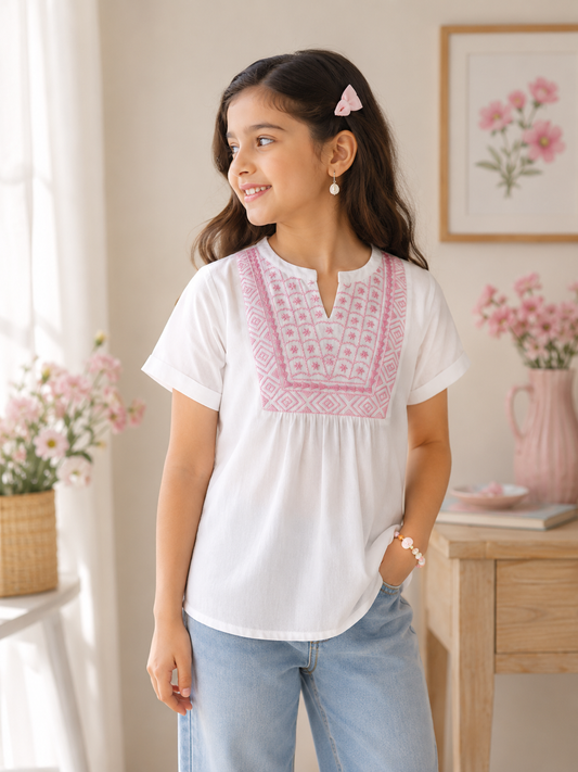 Girls White Embroidered Casual Top