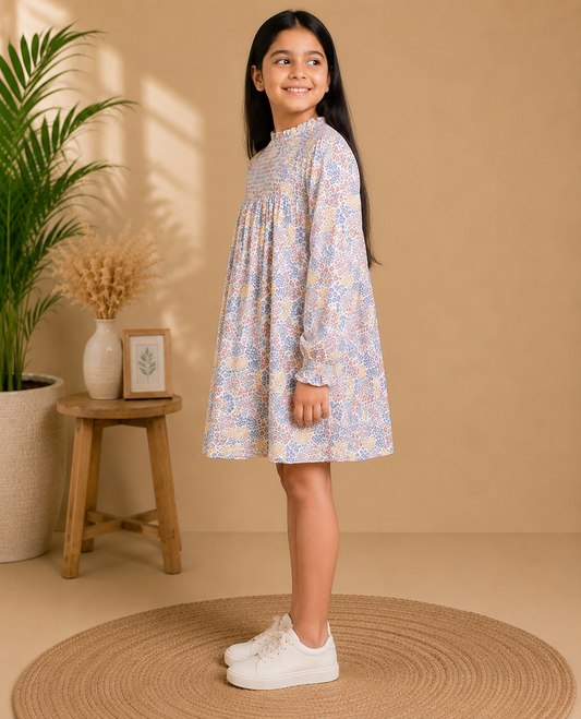 Girls Floral Smocked Sleeve Dress