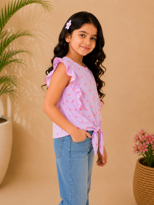 Girls Pink Printed Tie-Up Casual Top