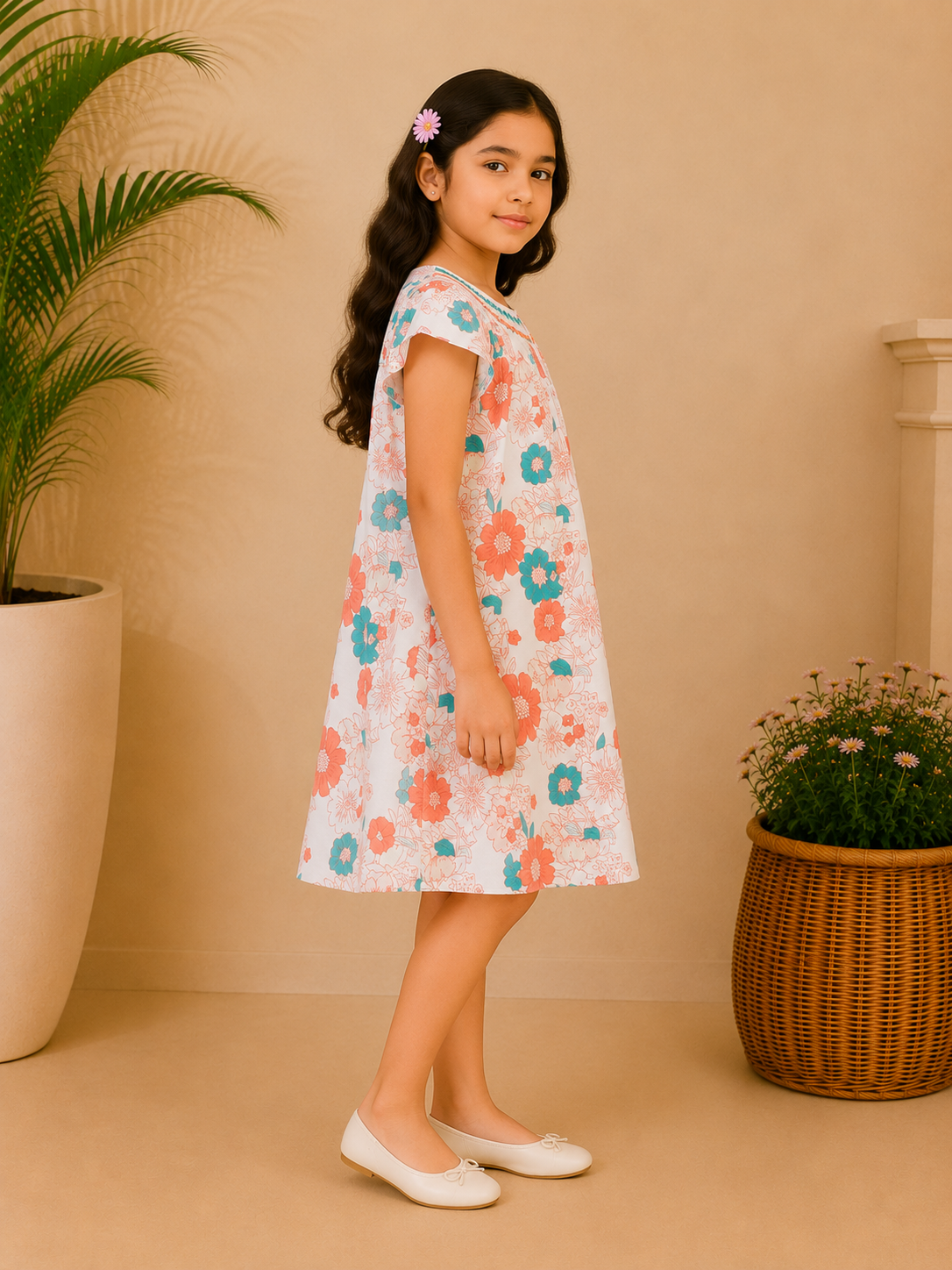 Girls Peach Floral Printed Dress