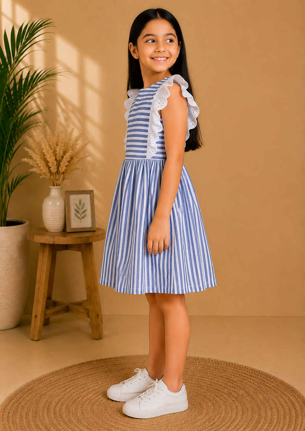Girls Blue Striped Lace Sleeve Dress