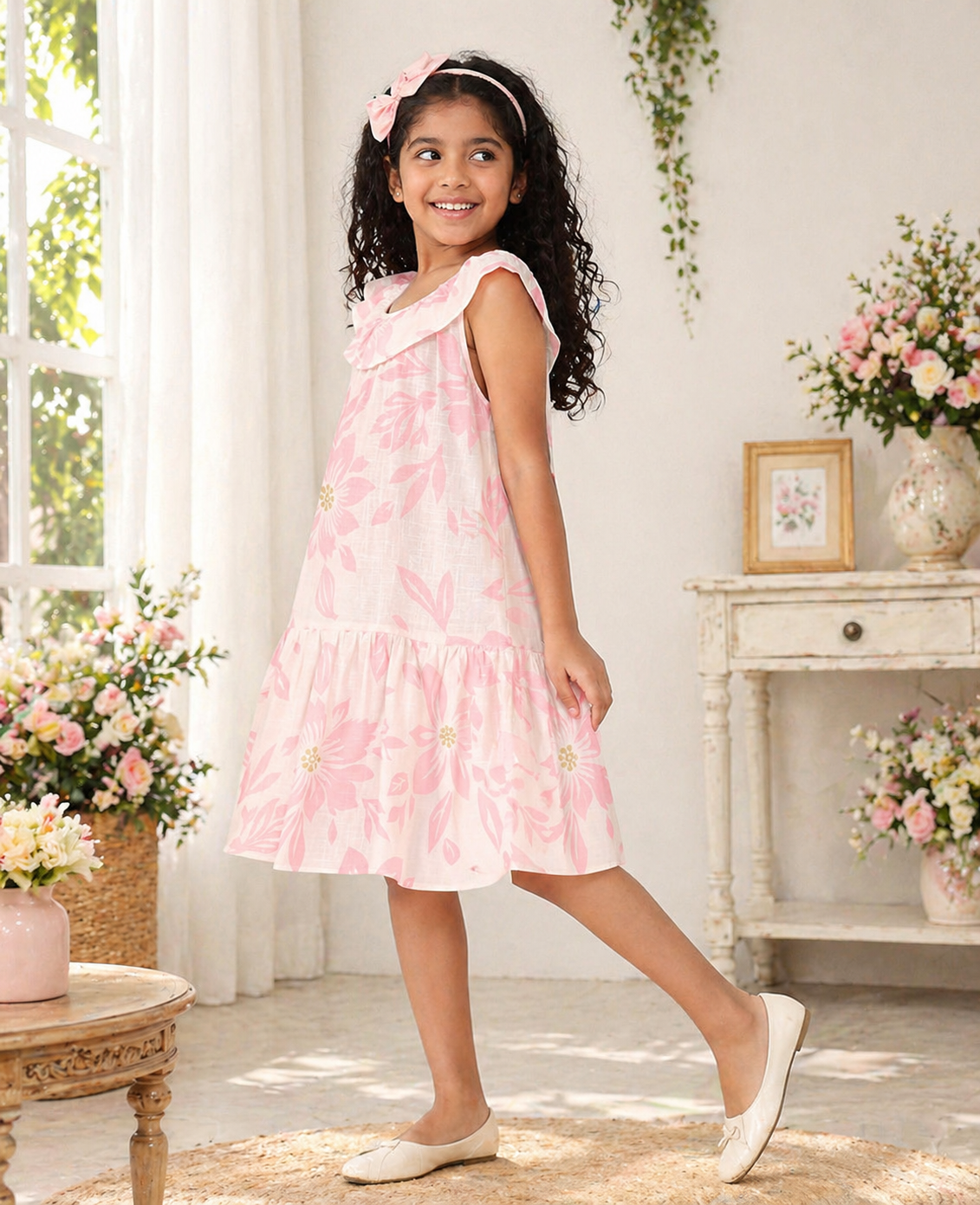 Girls Pink Floral Printed Ruffle Neck Fit & Flare Dress