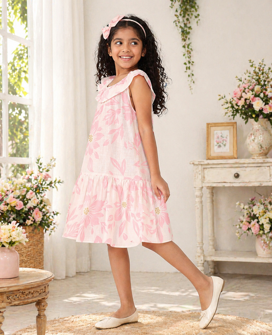 Girls Pink Floral Printed Ruffle Neck Fit & Flare Dress