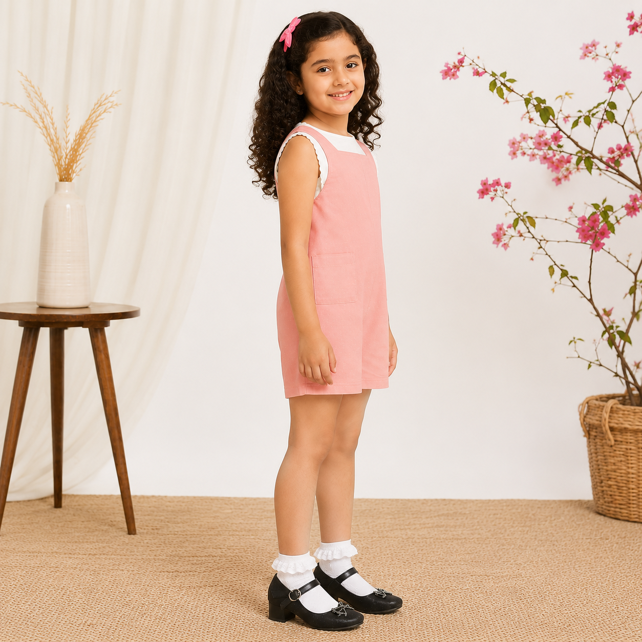 Girls Pink Sleeveless Romper Co-Ord Set