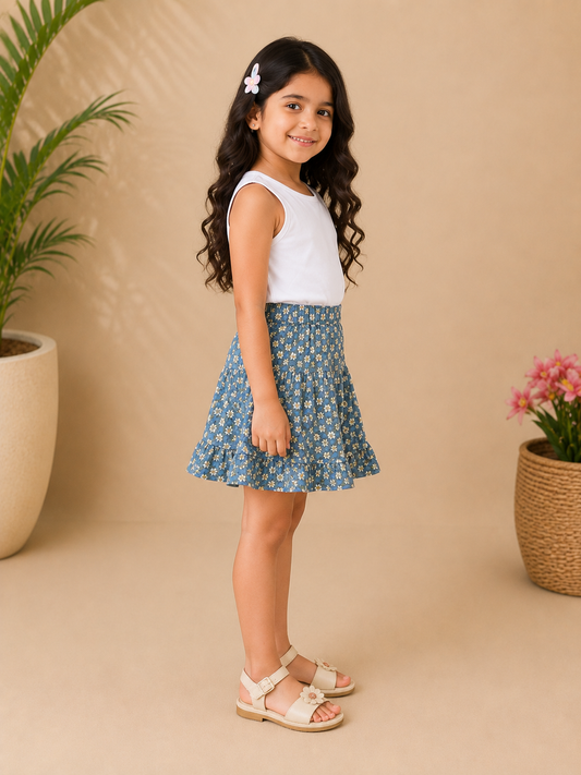Girls Floral Printed Tiered Mini Skirt