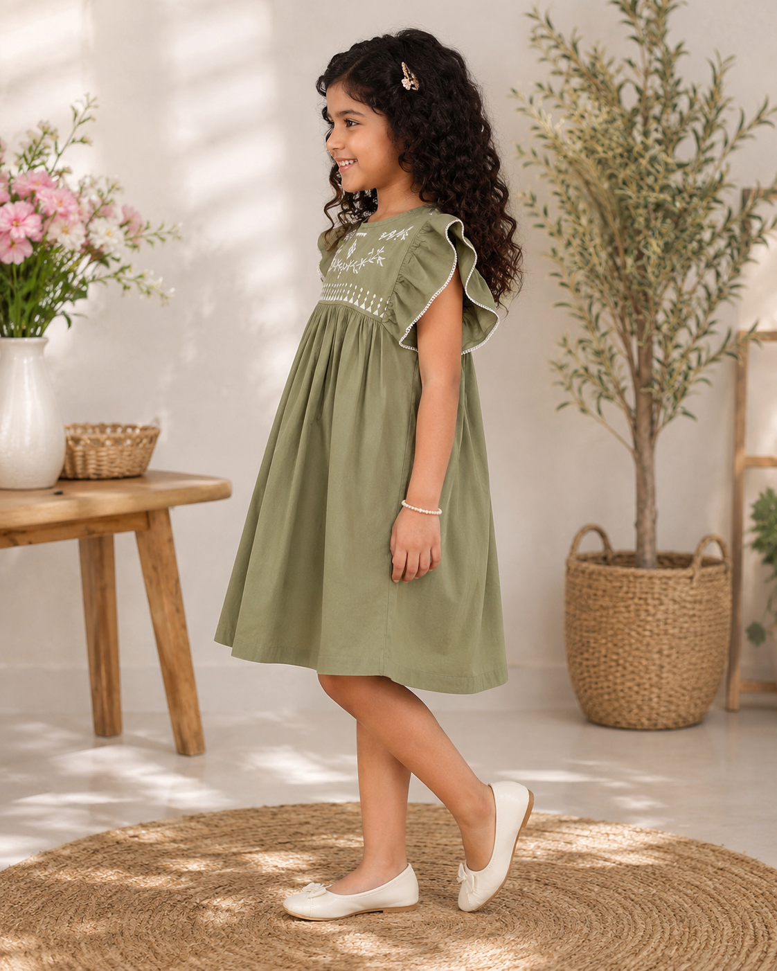 Girls Olive Green Embroidered Dress