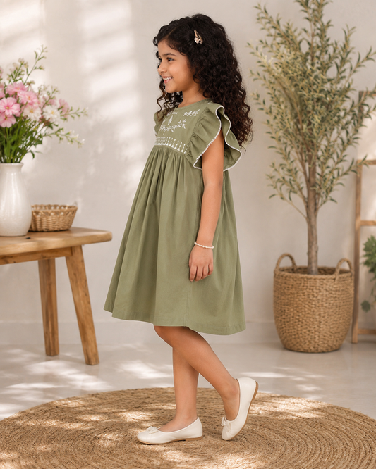 Girls Olive Green Embroidered Dress