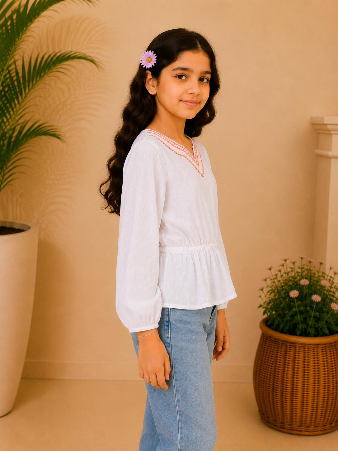 Girls White Embroidered Casual Top
