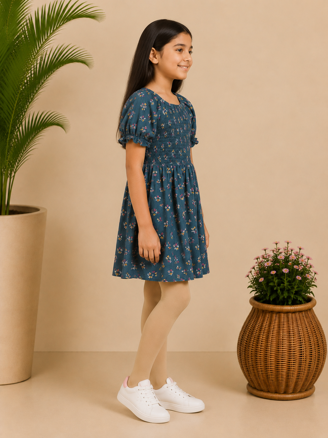 Girls Blue Smocked Floral Dress