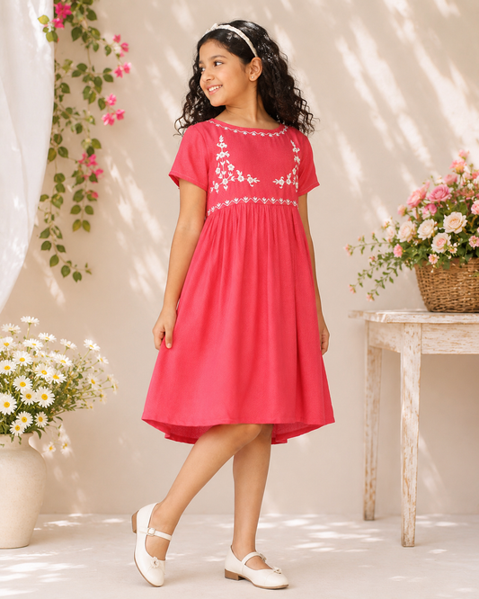 Girls Dark Pink Embroidered Gathered Dress