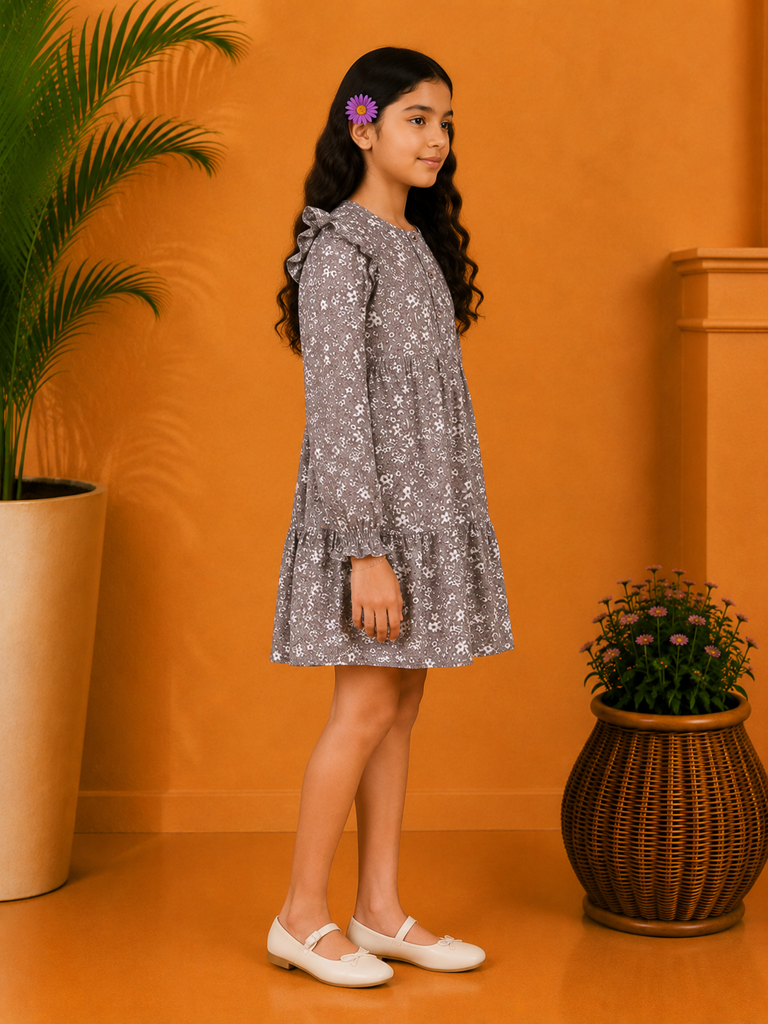 Girls Floral Print Ruffle Sleeve Dress