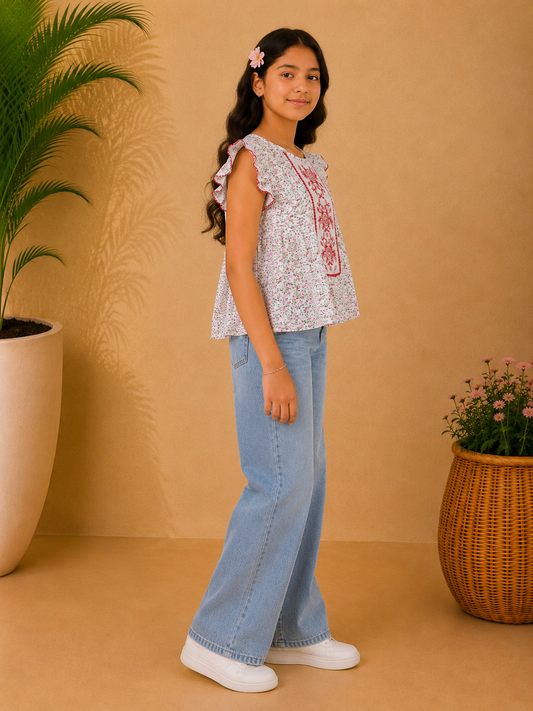 Girls Floral Flutter Sleeve Top