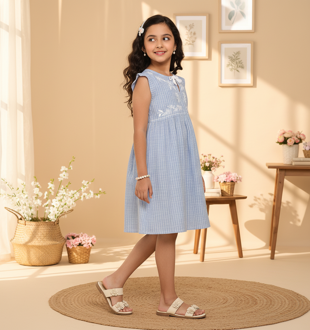 Girls Blue Striped Embroidered Dress