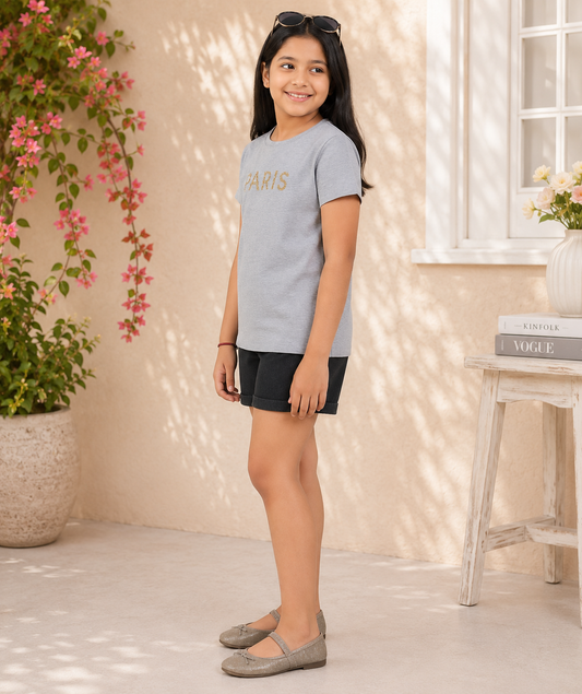 Girls Paris Glitter Print Casual Top