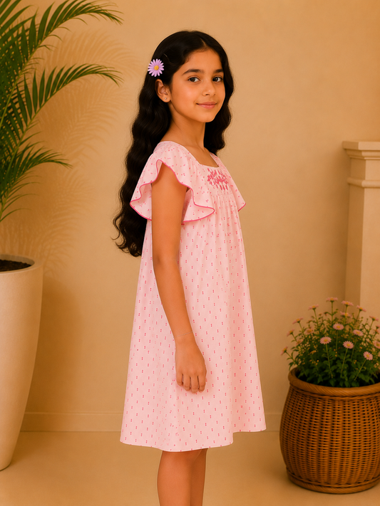 Girls Pink Embroidered Flutter Sleeve Dress