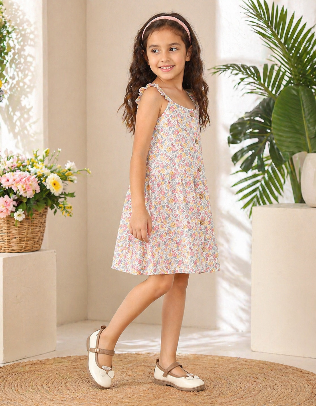 Girls Pastel Floral Print Sleeveless Fit & Flare Dress