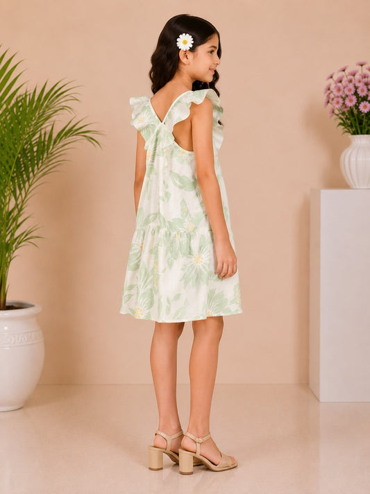 Girls Green Floral Printed Ruffle Neck Fit & Flare Dress