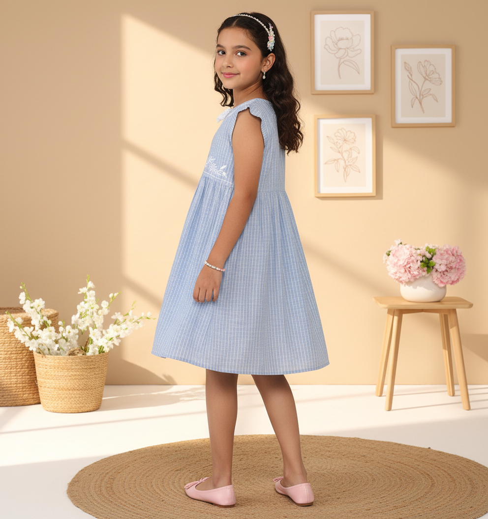 Girls Blue Striped Embroidered Dress