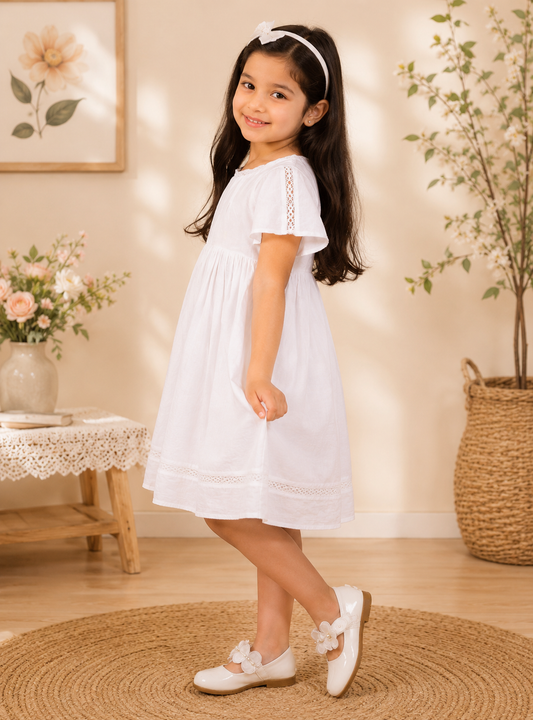Girls White Solid Fit & Flare Dress with Lace Detail