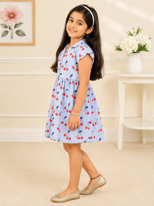 Girls Cherry Print Collar Neck Dress