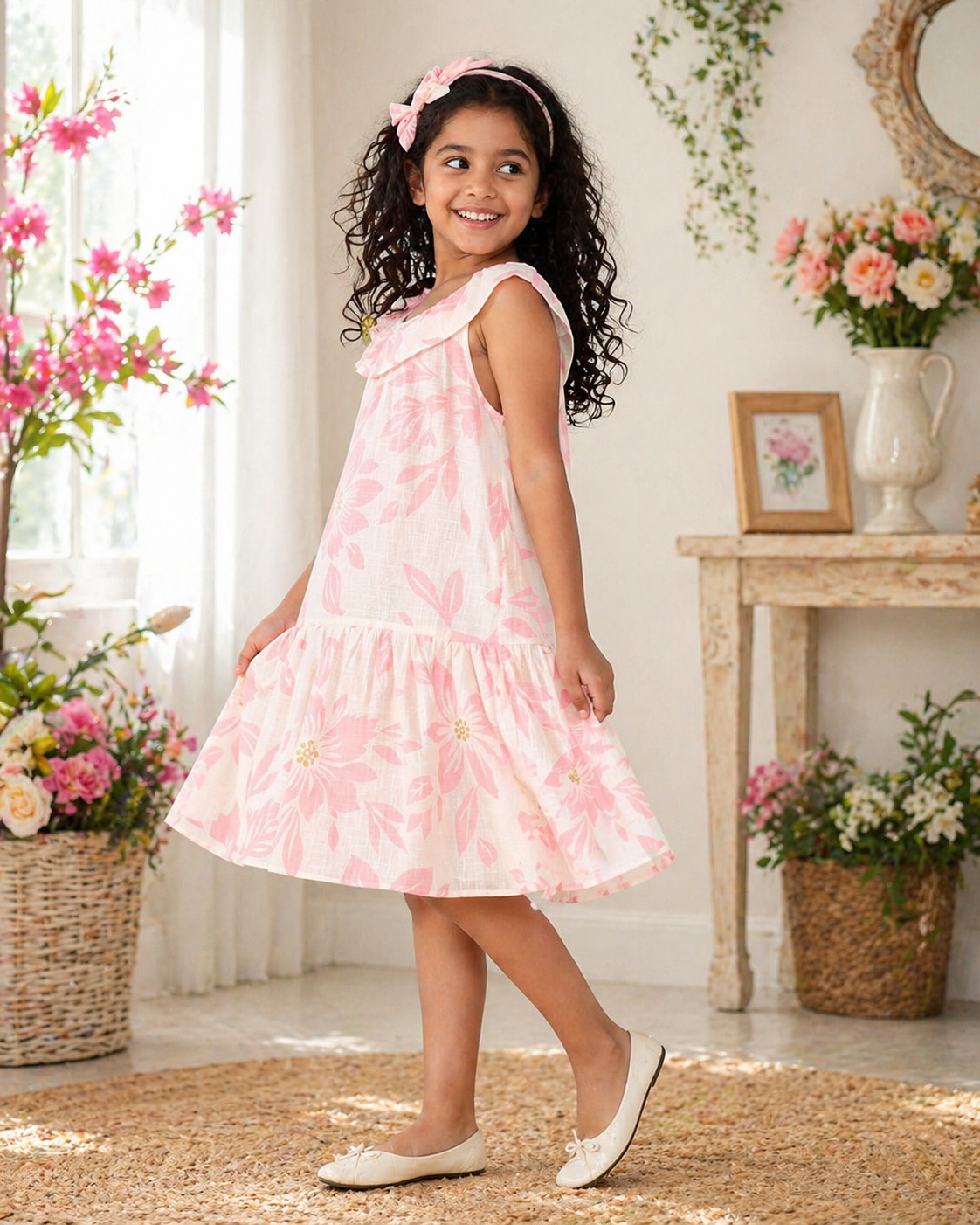Girls Pink Floral Printed Ruffle Neck Fit & Flare Dress
