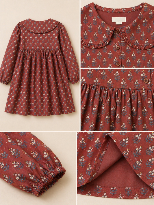 Girls Floral Printed Peter Pan Collar Dress
