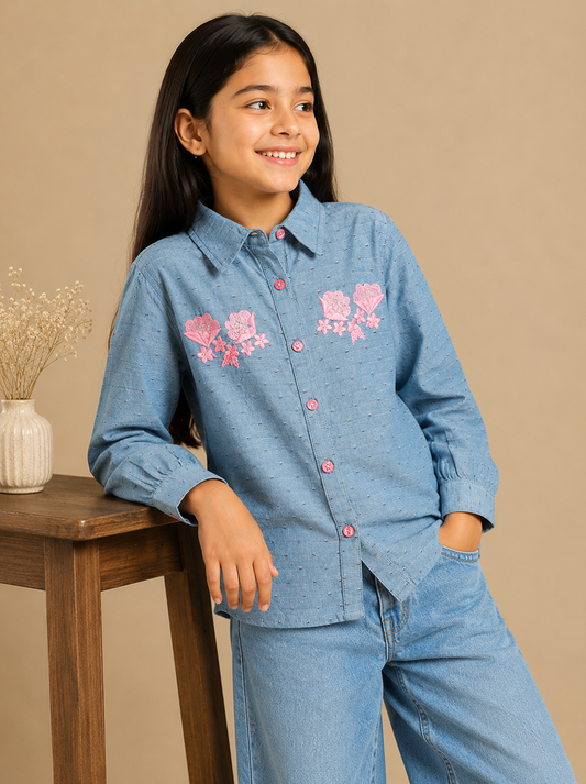 Girls Blue Embroidered Collared Casual Top
