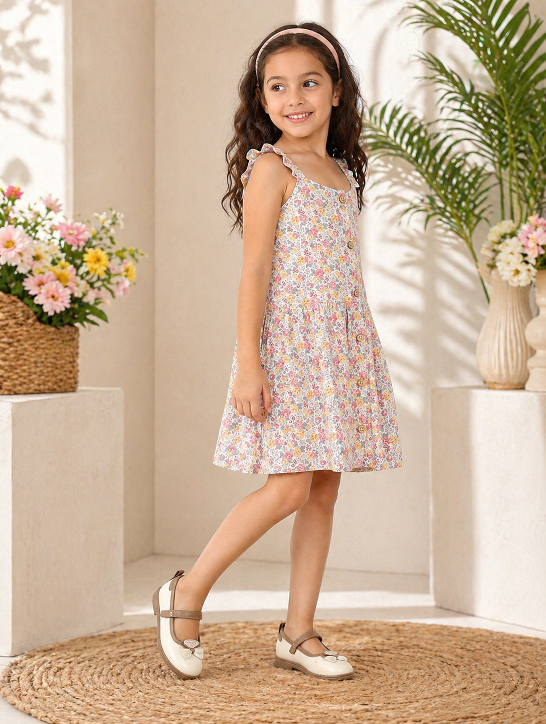 Girls Pastel Floral Print Sleeveless Fit & Flare Dress