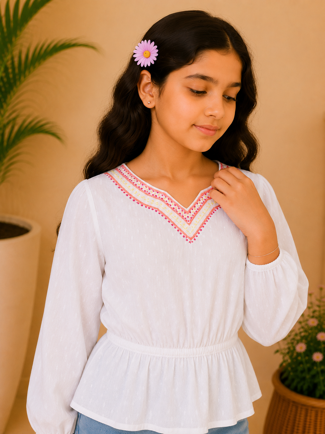 Girls White Embroidered Casual Top